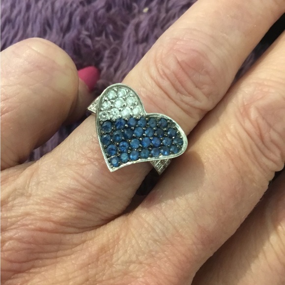 14k 585 White Gold Heart Diamond /Sapphire Ring - Picture 10 of 16